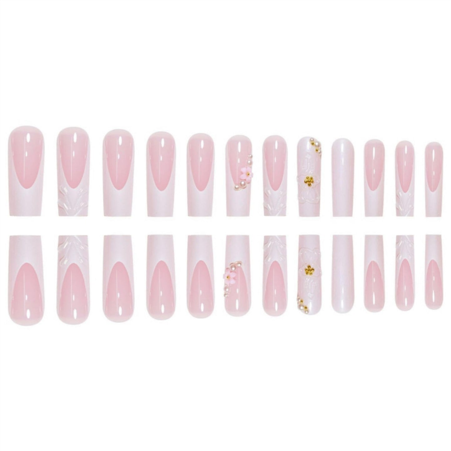 Square Press on Nails Long Fake Nails White Artificial Nail Flowers and Pearl Designs Glitter Stick on Nail for Women 24pcs