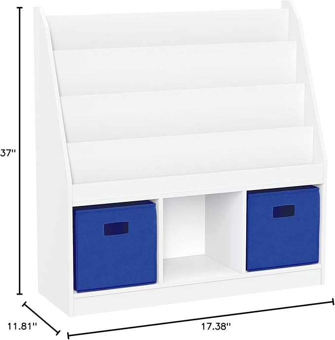 RiverRidge Kids Bookrack with Three Cubbies and 2 Blue Bins