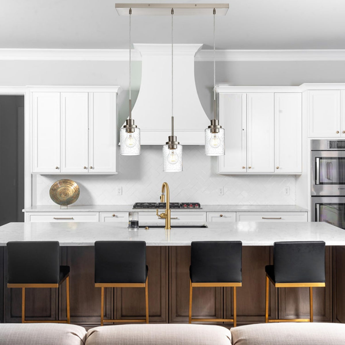 3-Light Farmhouse Chandelier Light Fixture Brushed Nickel Clear Seeded Glass Dining Room Hanging Modern Pendant Lighting Over Table,Traditional Ceiling Lights for Kitchen Island Entryway