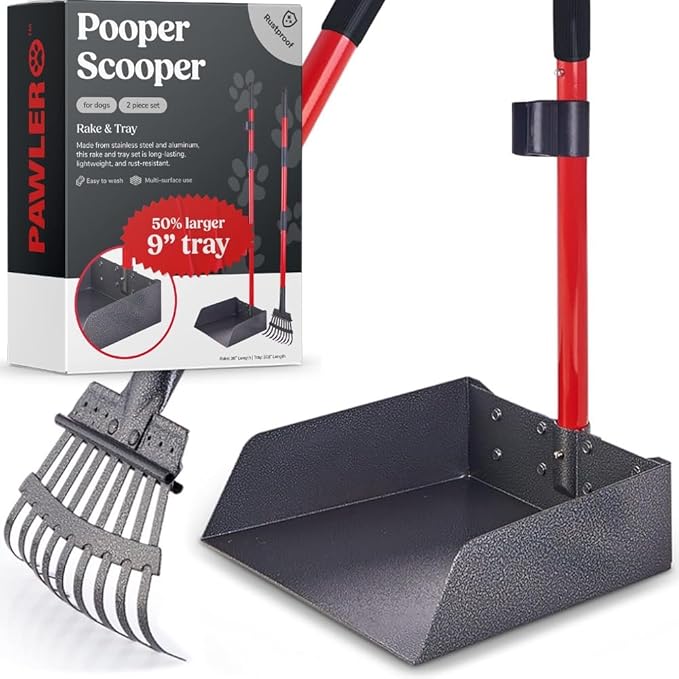 Pawler Pooper Scooper for Dogs with Long Handle Rake & Tray, Heavy Duty