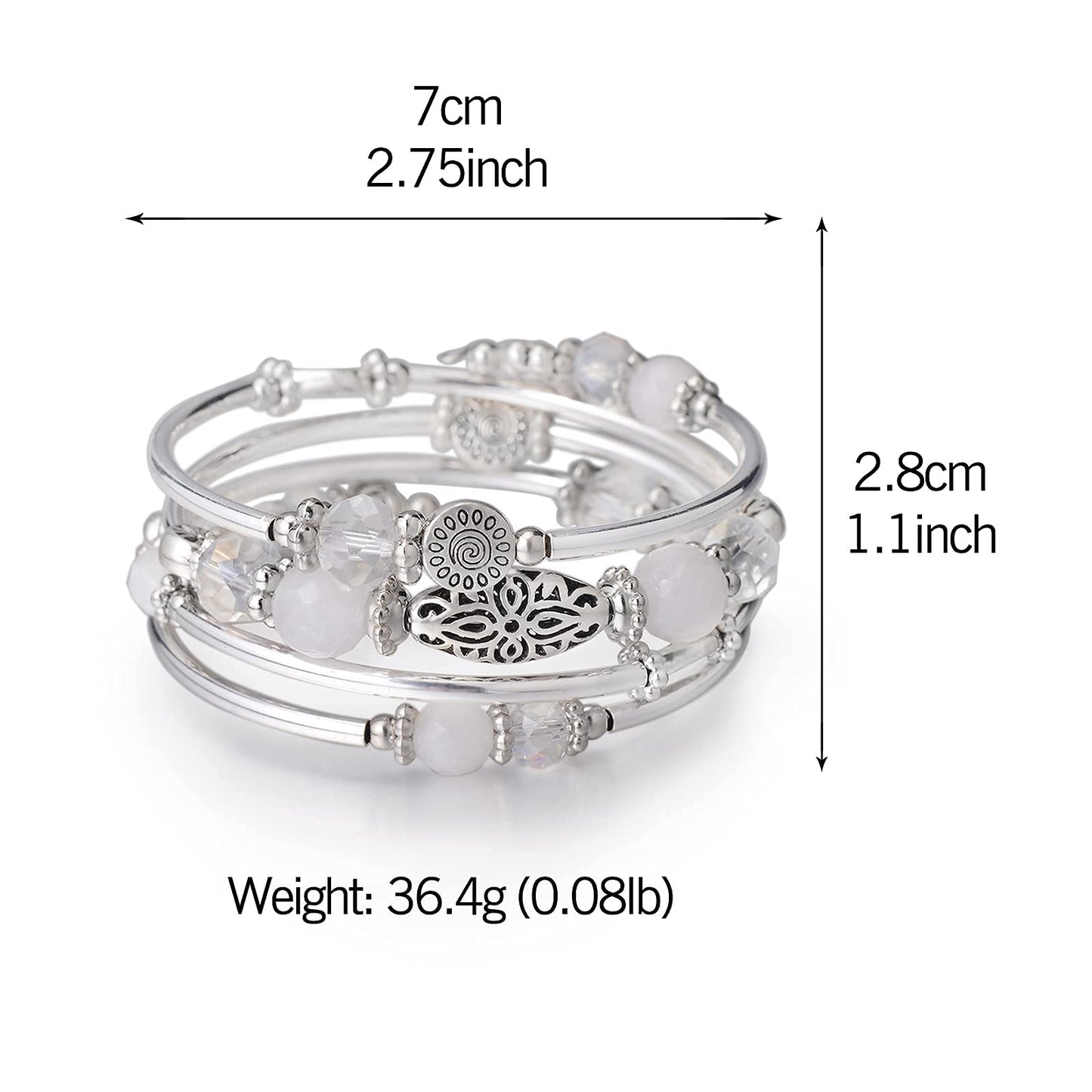 FULU AUTUMN Stackable Beaded Bracelets for Women Boho Wrap Silver Bracelet Layered Fashion Jewelry Gifts for Her(White)