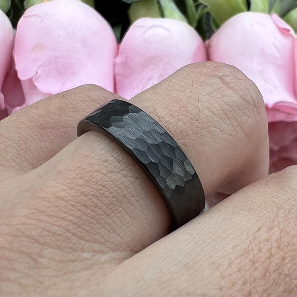TUTISS 6mm Black Hammered Tungsten Rings for Men Women Fashion Engagement Wedding Bands Pipe Cut Matte Finish Comfort Fit Size 10