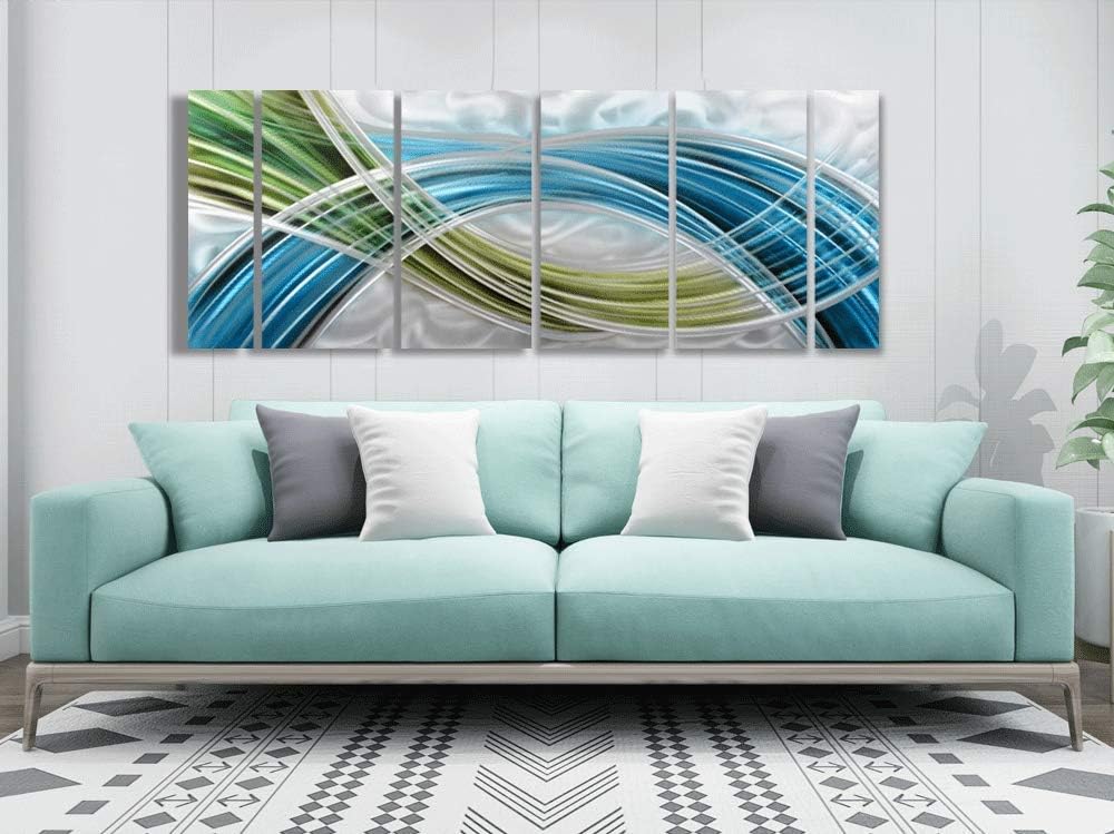 Yihui Arts Abstract Metal Wall Art - Hand Crafted 5 Pieces Panels Large Big Blue Teal Silver Unique 3D Aluminum Modern Contemporary Home Accent