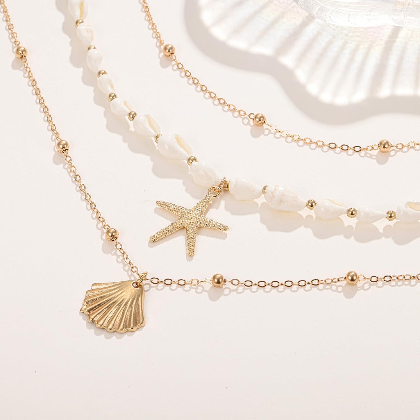 Seashell Starfish Necklace for Women Summer Pearl Beach Conch Shell 14k Gold Layered Dainty Choker