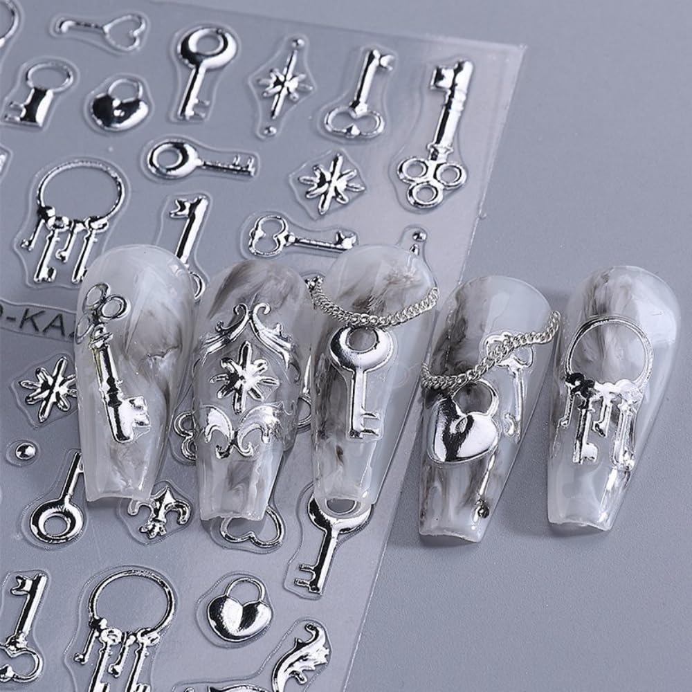 4 Sheets 5D Embossed Key Nail Stickers Silver Key Nail Designs Laser Hearts Lock Nails Supplies 3D Self-Adhesive Laser Keys Ring Rose Gold Lock Bone Nails Decals for Women DIY Manicure