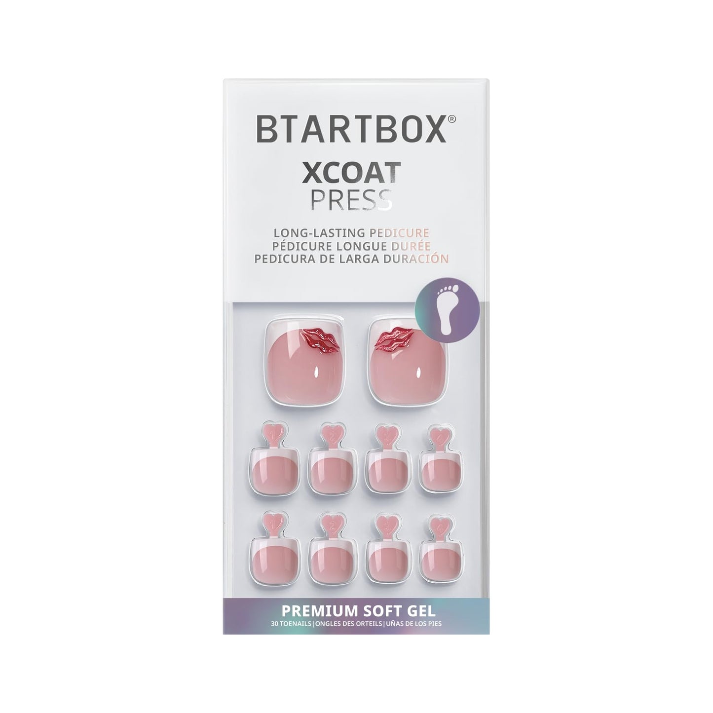 BTArtbox Press On Toenails Short - Date Night, Lamp-Curable 3D Red Lips French Tip Square Toe Nail Press Ons with Glue and Adhesive Tabs for Women in 15 Sizes - 30 Toenails All-in-One Kit