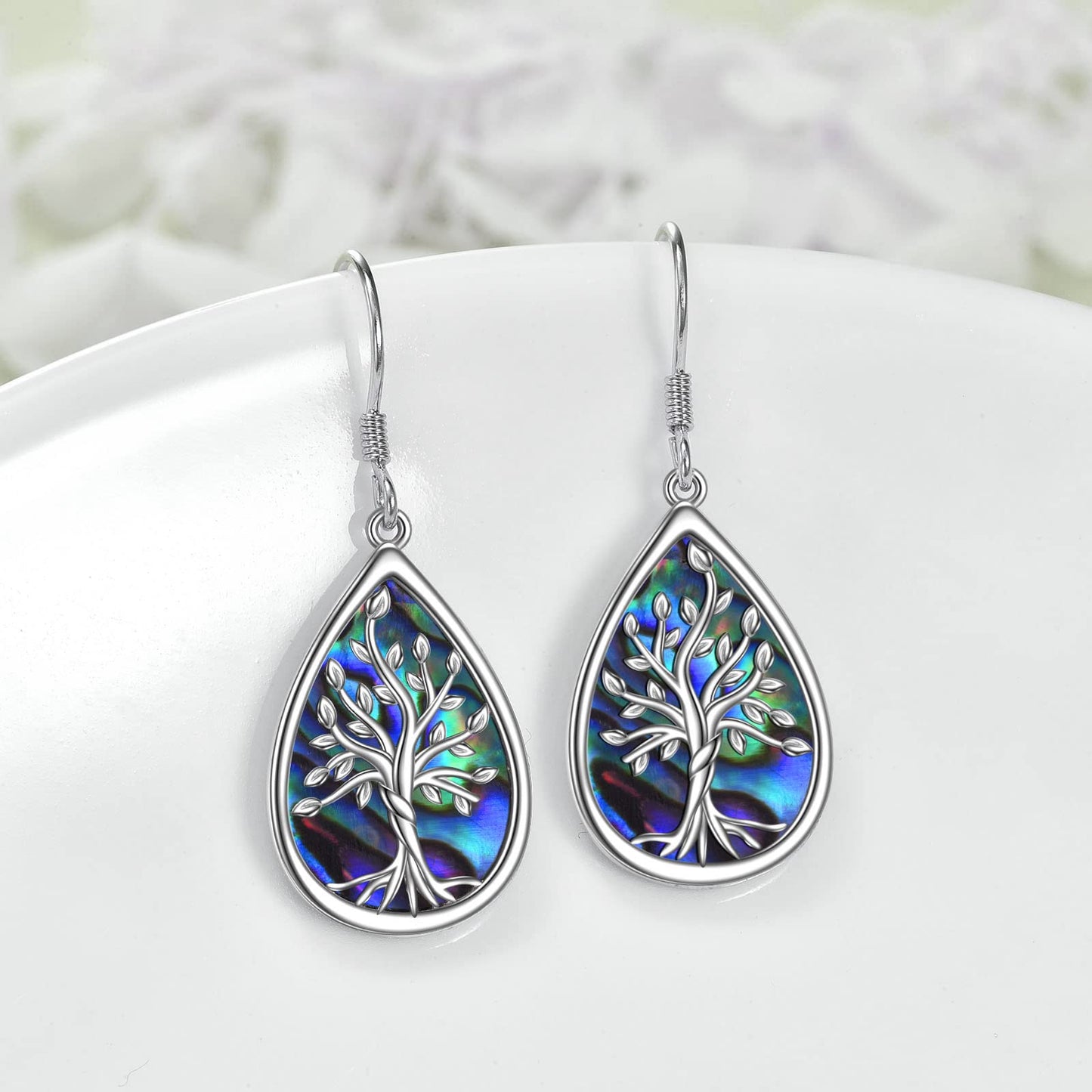 POPLYKE 925 Sterling Silver Tree of Life Earrings for Women Teardrop Abalone Earrings Dangle Tree of Life Jewelry
