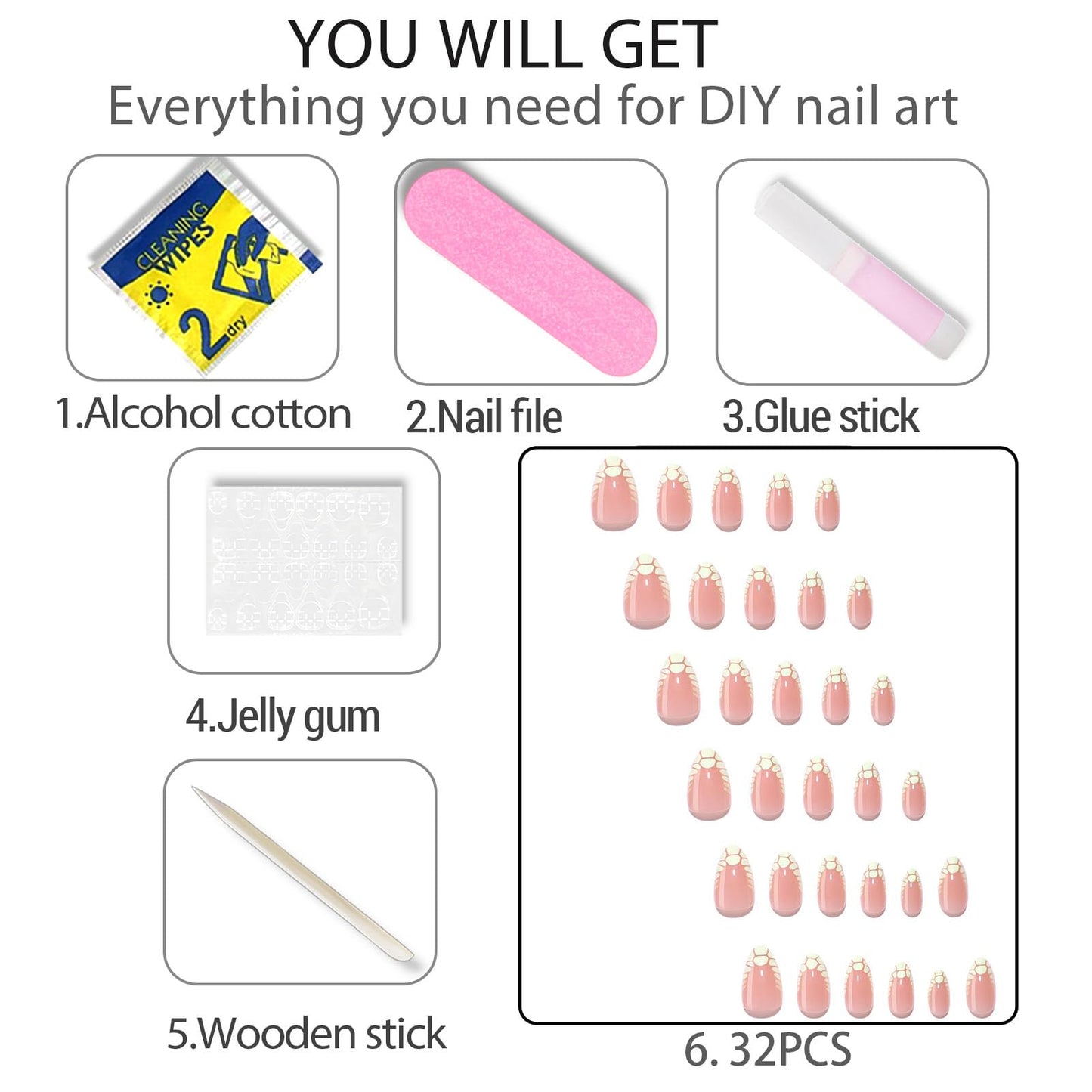 WAFOLOZE French Tip Press On Nails - White Crackle Almond Press On Nails Short Fake Nails with Nail Glue, Artificial Nails 16 Sizes - 32Pcs False Nails Tips Kit,Stick On Nails for Women