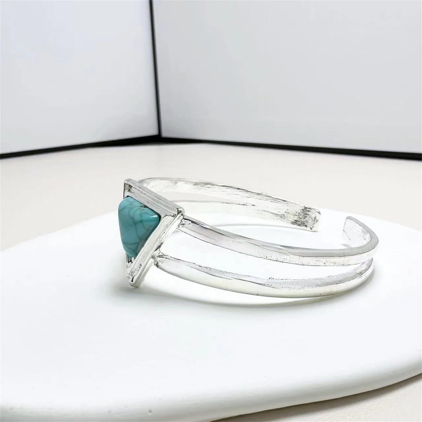 Handmade 925 Sterling Silver Turquoise Bracelets for Women & Men Boho Turquoise Triangle Bangle Bracelet Open Adjustable Wide Stacking Cuff Bangles Bracelets Jewelry for Women Birthday Everyday Wear
