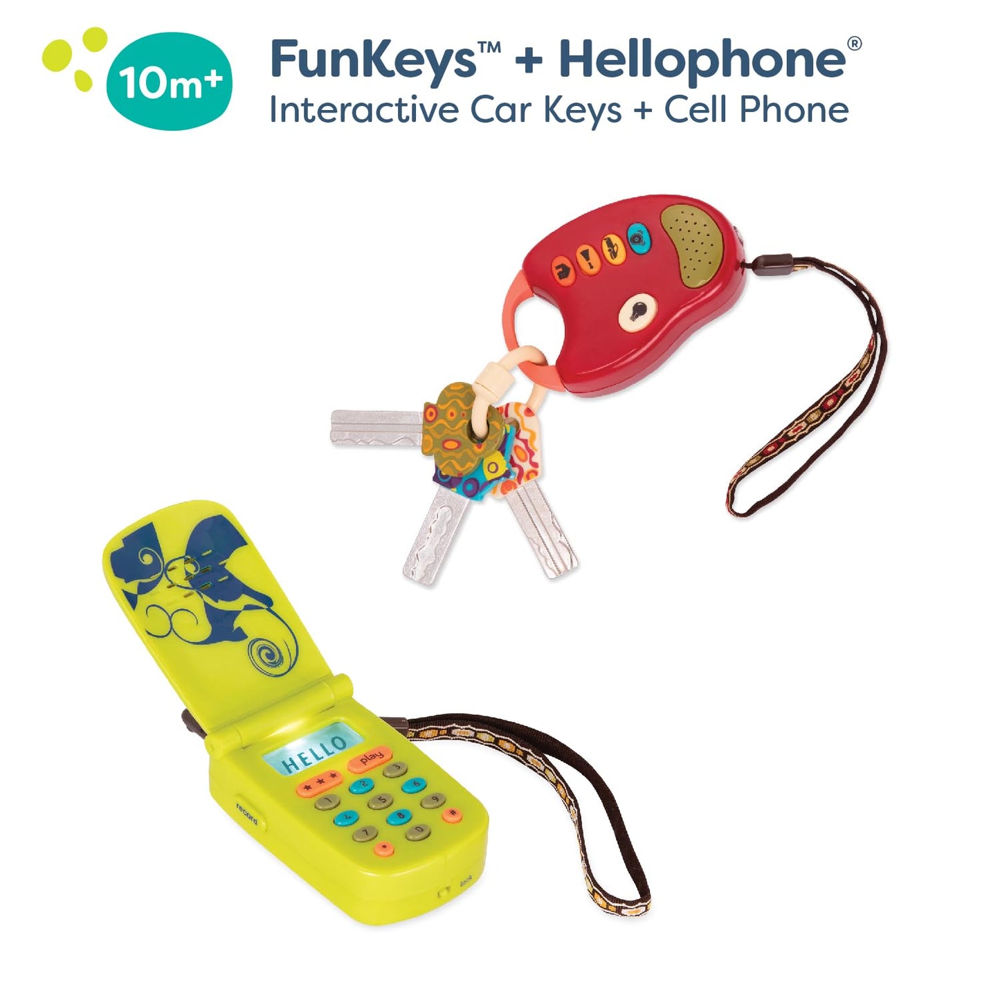 B. toys – Toy Car Keys & Cellphone – 2 Pieces Sensory Bundle – Developmental Toy for Babies, Toddlers – Red Keys & Green Play Phone – 10+ Months – FunKeys + Hellophone Set