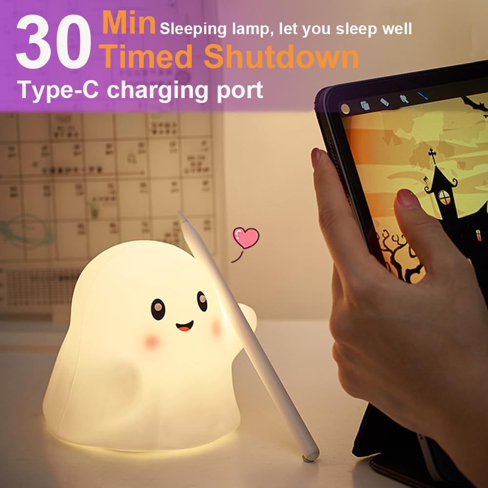 Ghost Night Light for Kids,Halloween Night Light with 13 Interactive Sound Effects ,Cute Silicone Light with 3 Levels of Brightness,Suitable for Indoor Halloween Decorations and Family (white ghost 1)