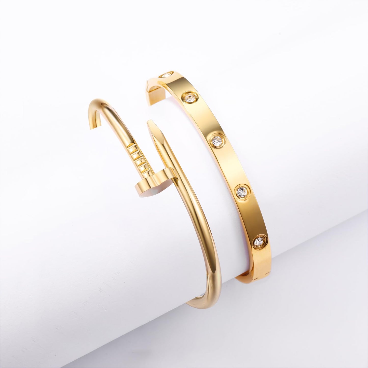 sineed 18K Gold Plated Stainless Steel Love Nail Bangle Clover Bracelet Set Stackable Dupes for Love Trendy Jewelry (Gold)