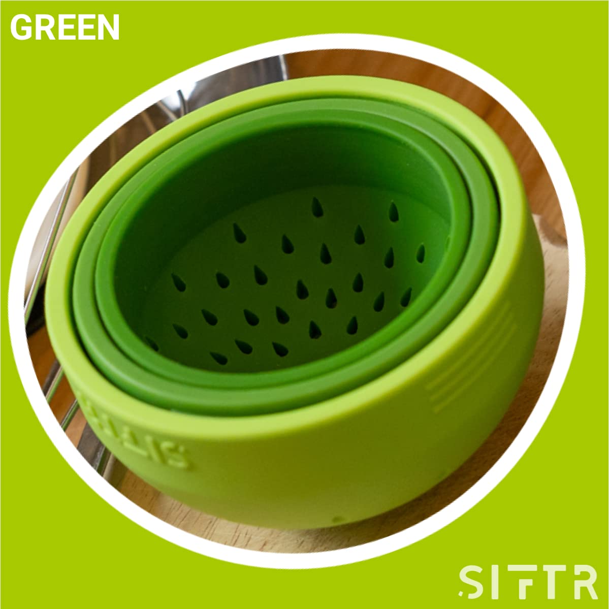 SIFTR (GREEN) Nesting Can Strainer Mini Colander Set - Space Saving Small Colanders and Strainers - Multi Use Kitchen Gadget - Silicone Can Strainer