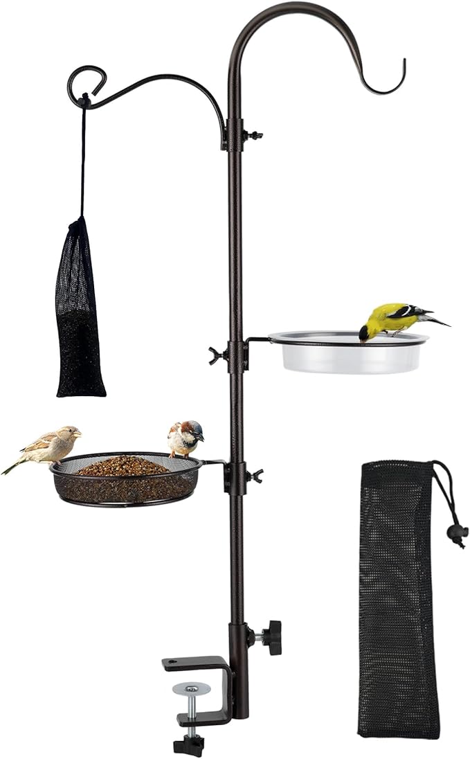 Bird Feeding Station Kit with Squirrel Baffle Bird Feeder Pole with Suet Cage Mesh Tray Fruit Hook Double W Hook for Attracting Wild Birds and Hanging Planter Hanger Lights