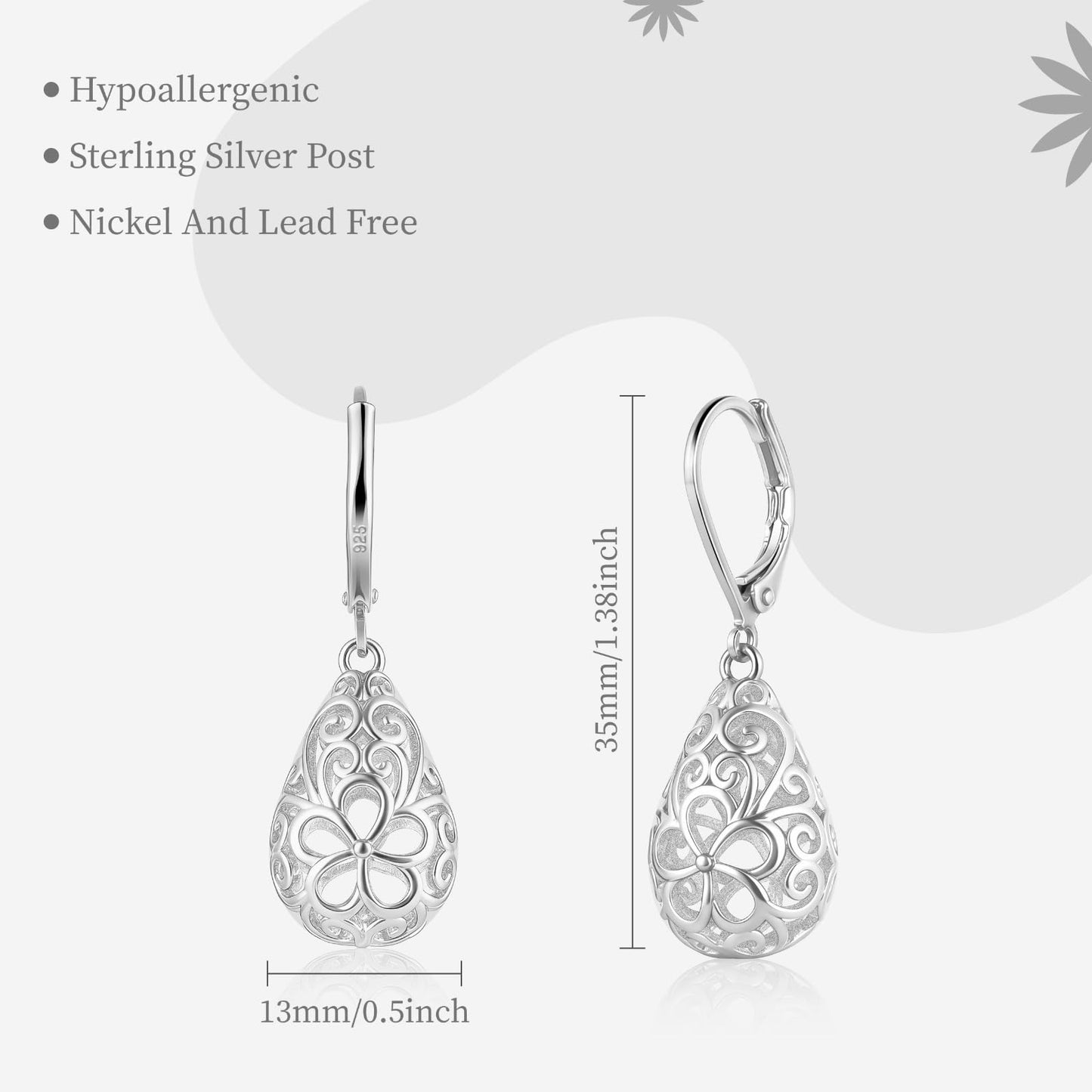 Teardrop 925 Sterling Silver Dangle Earrings for Women Hypoallergenic Filigree Leverback Drop Earrings Jewelry Gifts