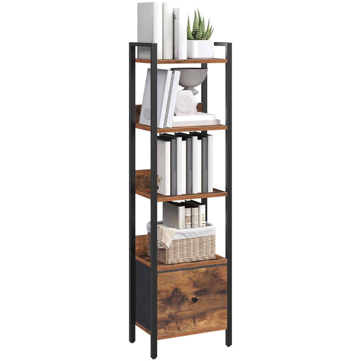 MAHANCRIS Bookshelf, 5-Tier Bookcase with Drawer, Small Book Shelf for Small Space, Storage Shelf Organizer, for Living Room, Bedroom, Study, Kitchen, Rustic Brown and Black BKHR55101