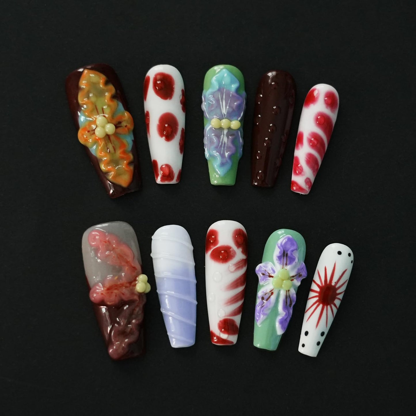 Tesytto Long Coffin Press On Nails with 3D Floral Design - Summer Multicolor Thick Luxury False Nails Reusable Acrylic Nails (Summer Stories,S)