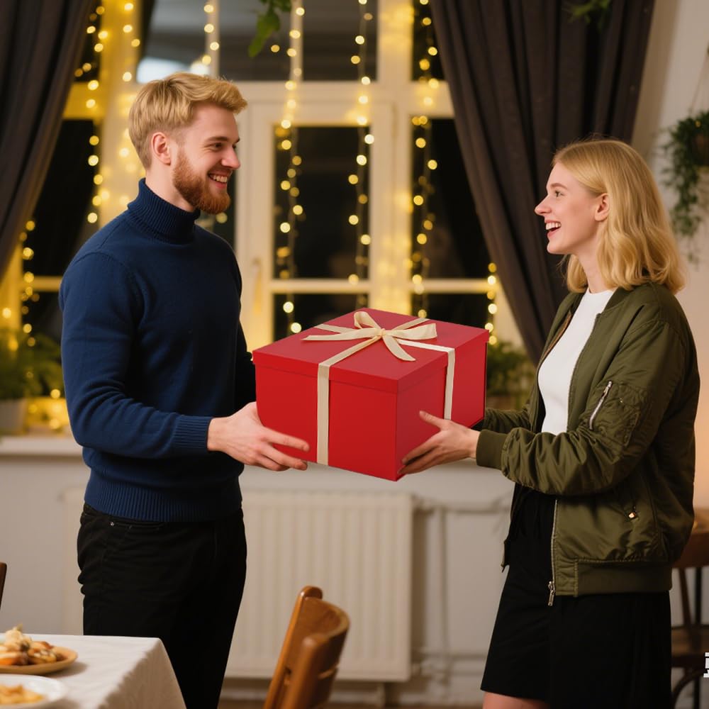 UoeRing 1Pcs Red Extra Large gift box with lids 16.5×13×8 Inches gift boxes for presents,Birthday Box (include Ribbon, Paper Shred Filler Gift Card & Envelopes)