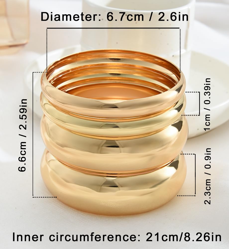 Chunky Gold Bangle Bracelets for Women, Dainty 14k Gold Plated Big Stackable Bangles Set, Trendy Statement Cuff Bracelet Stack Fashion Jewelry Gifts (4 chunky gold bangles)