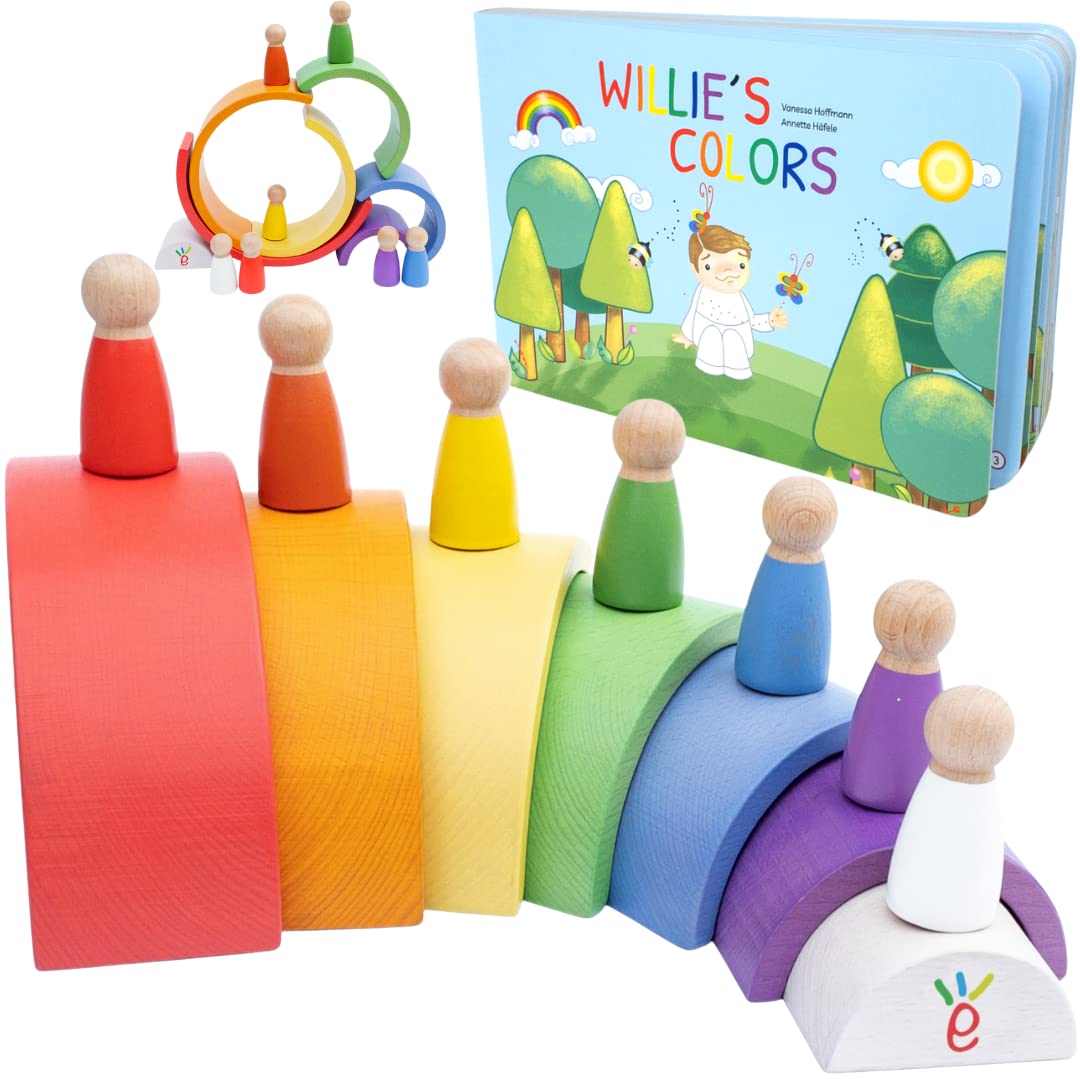 Montessori Wooden Rainbow Nesting Toy: Open-Ended Wooden Stacking Set with Arches, Peg Dolls & Story Book for Emotional Intelligence & Creative Play | Ages 3+ | 16 pcs | Premium Beechwood
