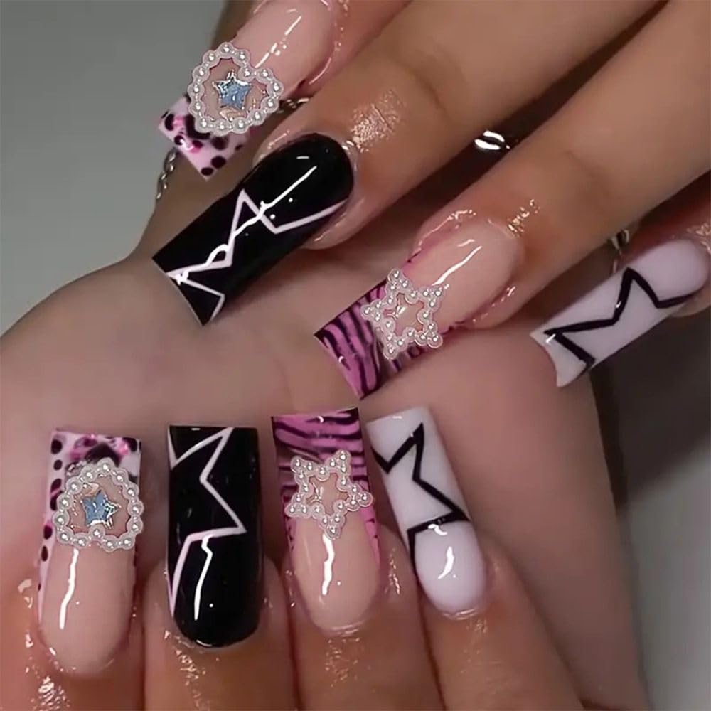 plalely Press on Nails French Tip, Handmade Acrylic Press on French Tip Nails with Flower Designs,Long Square Nail Press Ons for Women 24pcs