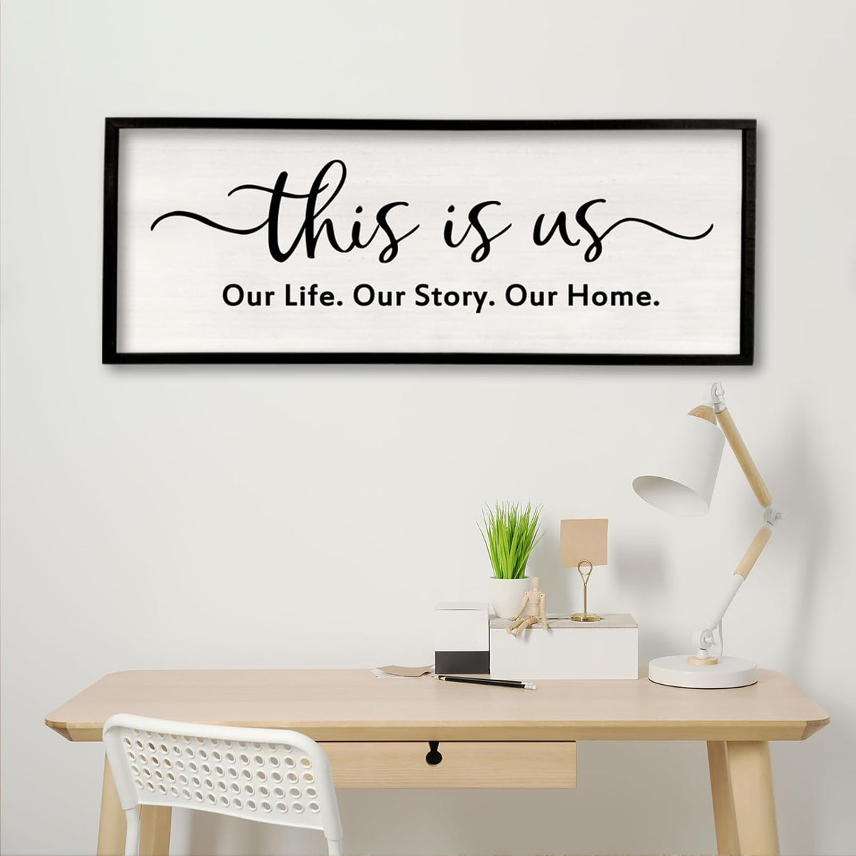 This is us Wall Decor Sign 32'' x 12'' Large Master Bedroom Home Life Story Wood Framed Vintage Family Sign Rustic Plaque Living Room Minimalist Farmhouse Hanging Wall Art (Black)