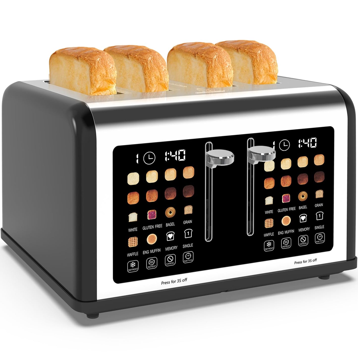 4 Slice Toaster Touch Screen, Stainless Steel Toasters Digital Timer, Dual Control Panel Toasters, 8 Shade Settings 6 Bread Types for Bagel, Cancel, Defrost 1650W Black