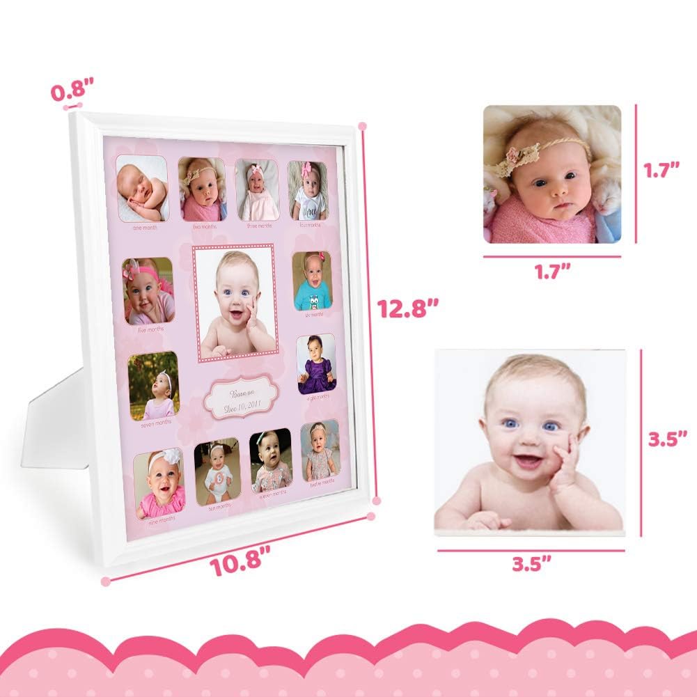 Comfecto 12 Month Baby Picture Frame Collage, Babies First Year Photo Frame, First Year Baby's Memory Frame, Milestone Keepsake Display for Newborn, Baby Registry Gift for Expecting Parents, Pink