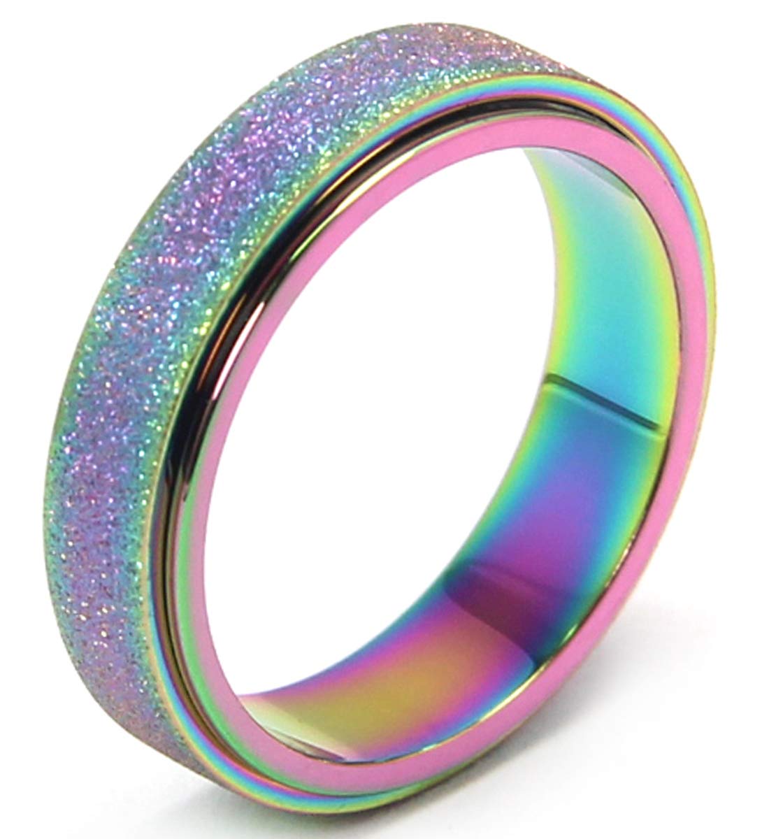 OreilleStar Anxiety Ring for Women Fidget Spinner Ring Fidget Toys Adults Titanium Stainless Steel Thumb Ring 6mm Wide Rainbow Size 8