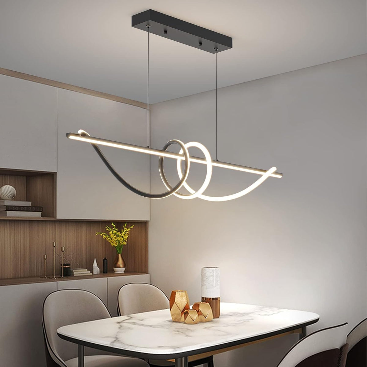 Modern Ceiling Chandelier Light, Anti Flicker Pendant Lamp with Remote Control Dimmable 3 Color Mode & Brightness (Warm Cool Neutral Light) for Kitchen Bar