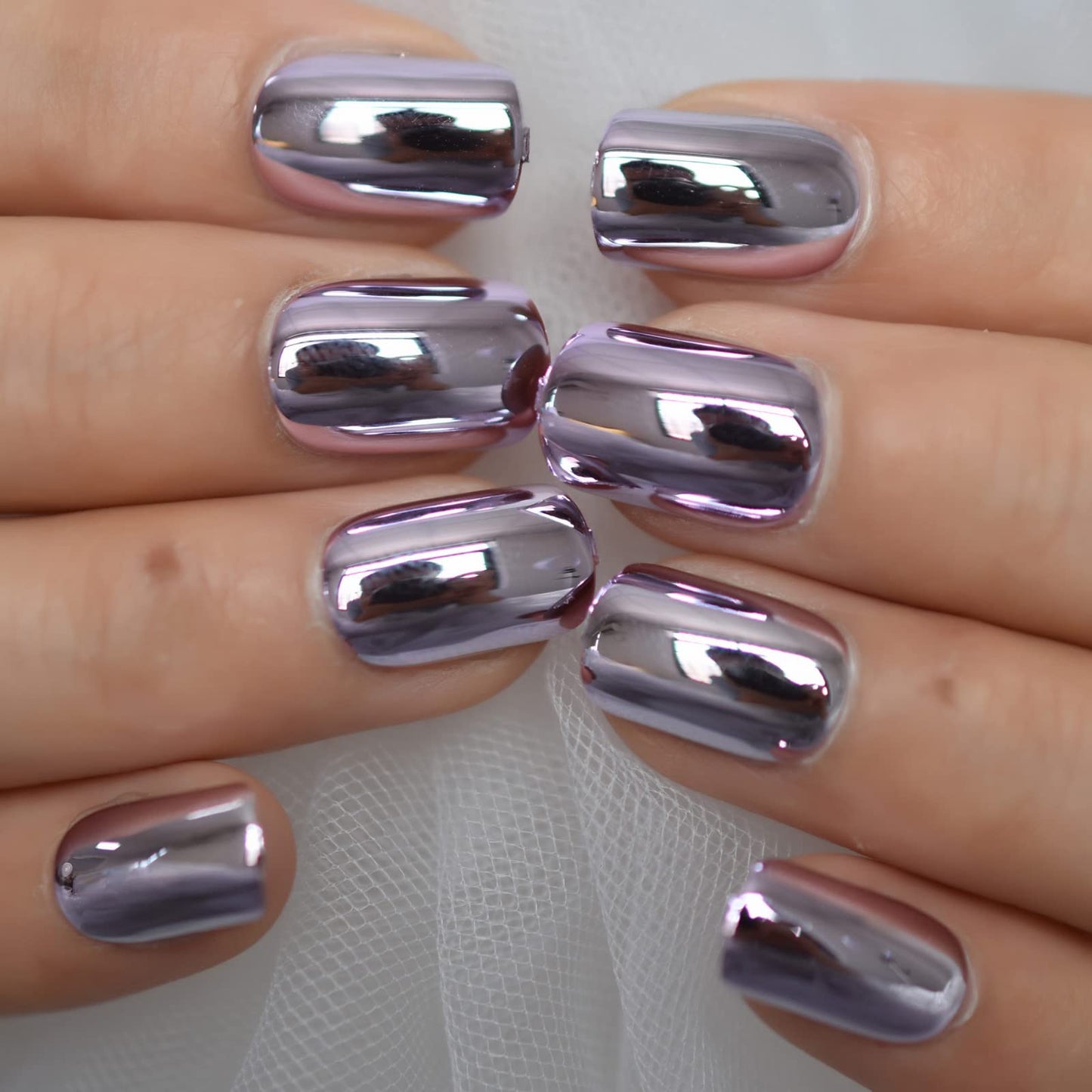 Metal Mirror Press on Nails - iBeautying False Nails - Light Purple Pink Finish Finger Daily Wear Nail - Short Square Acrylic Reusable Fake Nails 24pcs