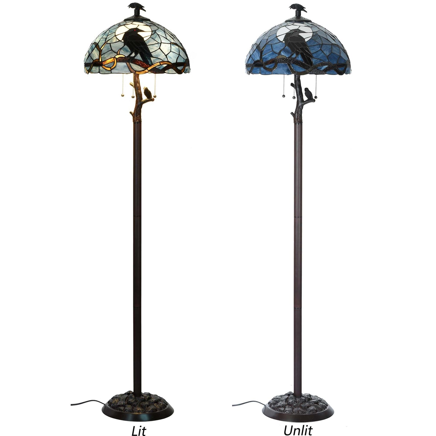 Bieye L12023 Tiffany Style Stained Glass Raven Floor Lamp Gothic Crow and Full Moon Design for Home Décor, 16Wx62H
