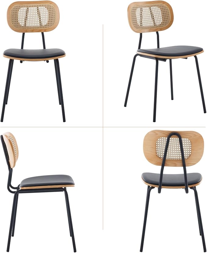 Mid-Century Modern Rattan Cane Back Dining Chairs Set of 6 — PU Leather Upholstered Seat, Black Metal Legs, Kitchen Side Chairs for Kitchen & Dining Room, Black