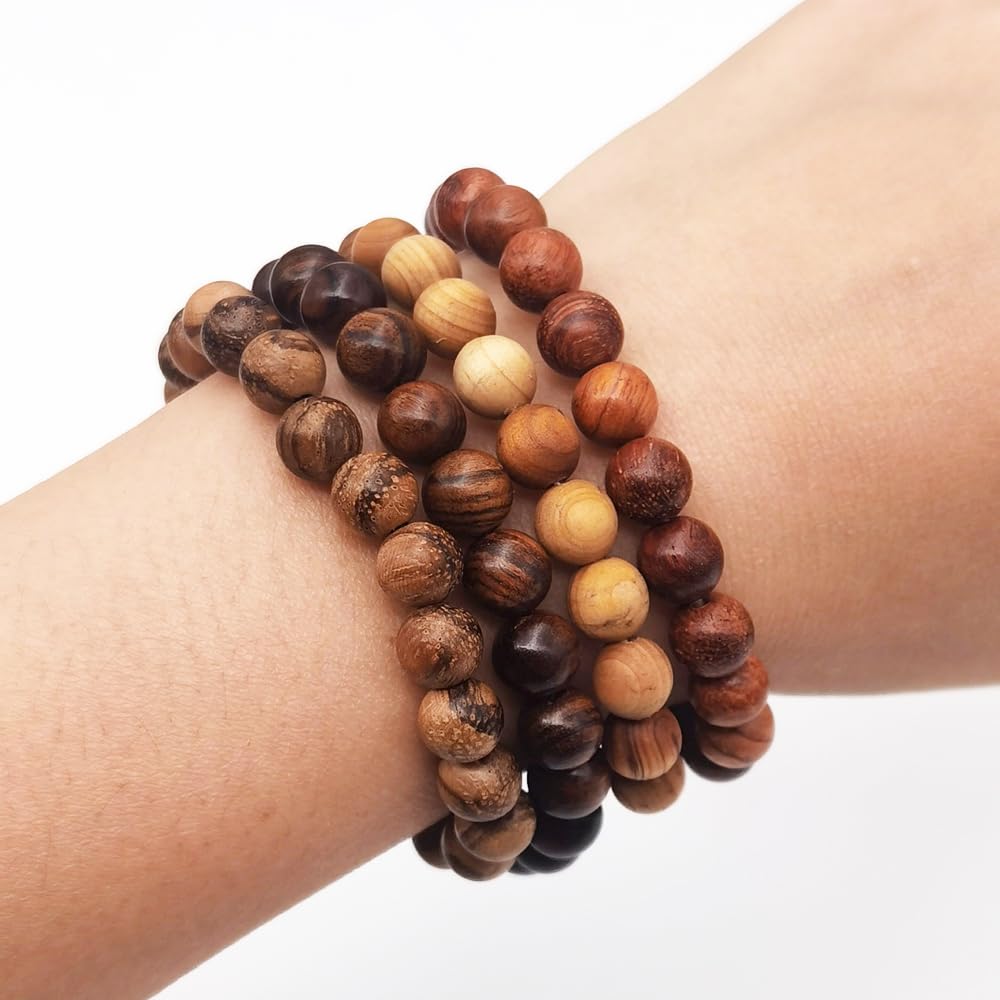 INSPIRELLE 8 Pieces Natural Wood Elastic Beaded Bracelet for Men and Women
