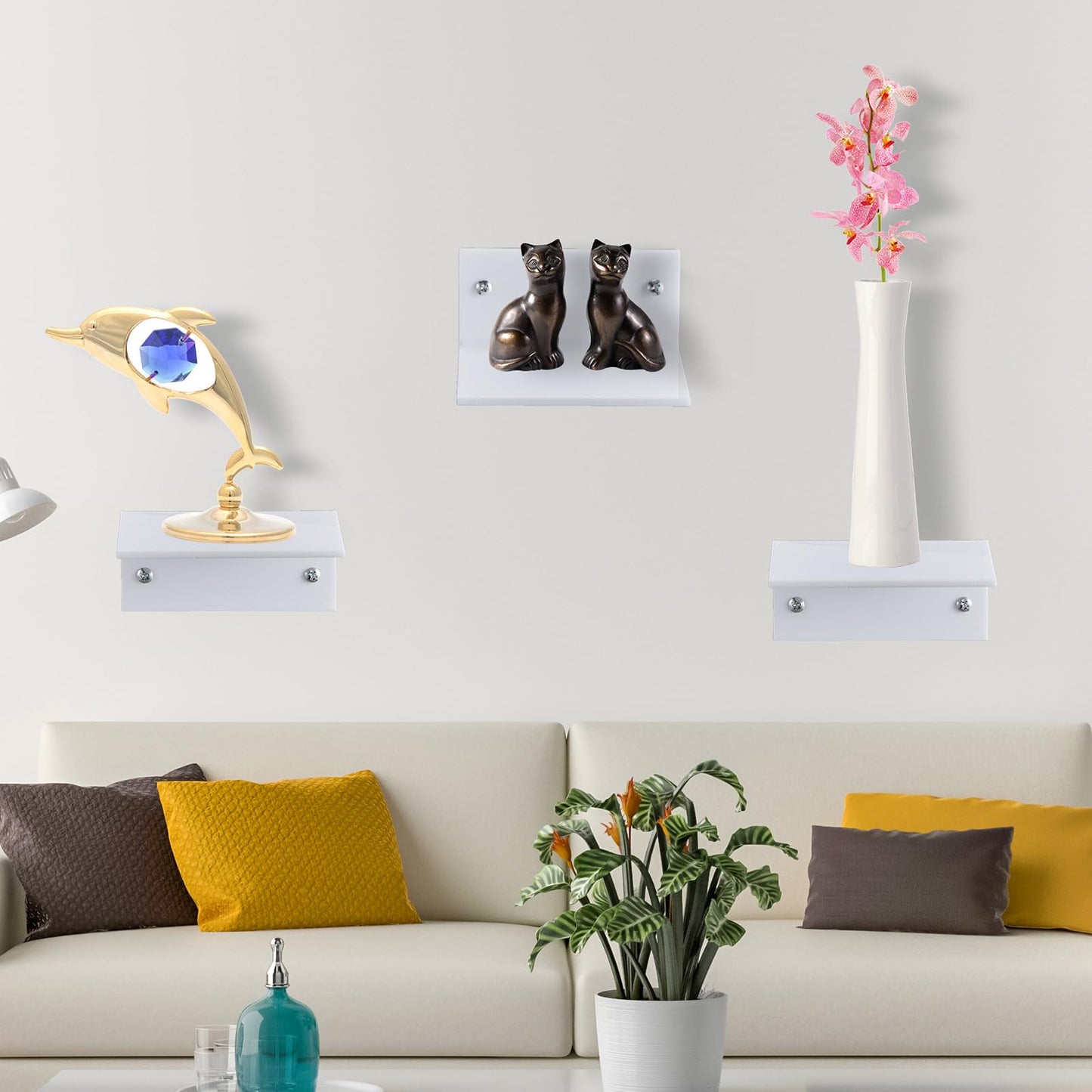 Juexica Small Acrylic Floating Shelves for Wall Adhesive Wall Mounted Shelves for Bathroom, Bedroom, Living Room, Office (White,20 Pcs)