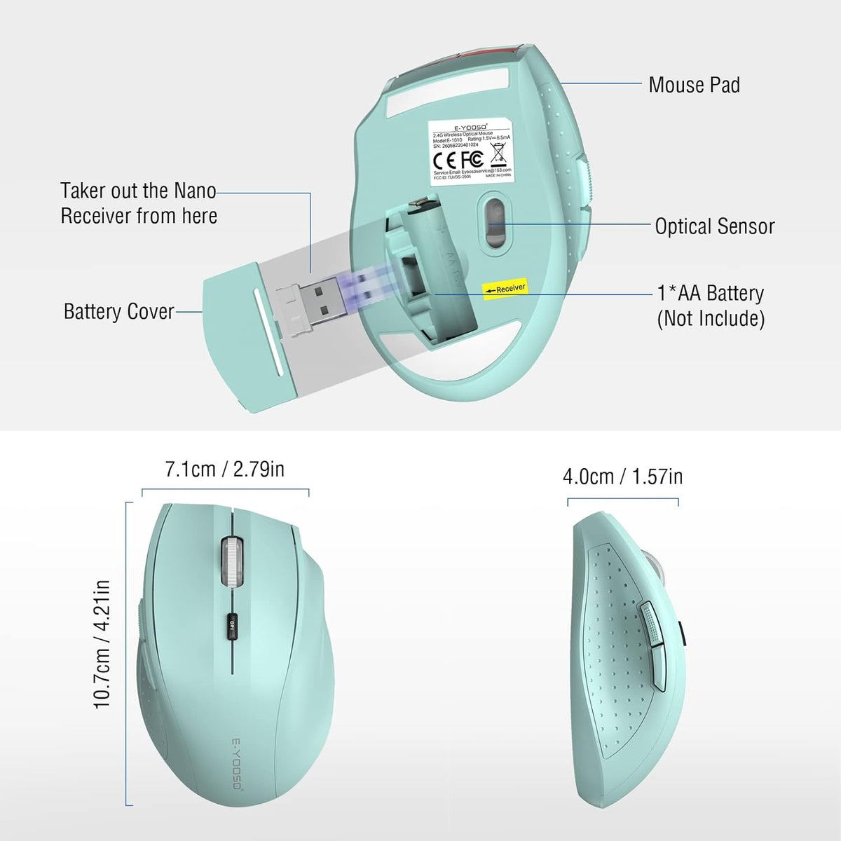 E-YOOSO Wireless Mouse for Laptop, Portable Optical Computer Mouse, 6 Buttons, Cordless 2.4GHz with USB Receiver, 5-Level 4800 DPI, 18 Months Battery Life for PC Chromebook Windows Mac