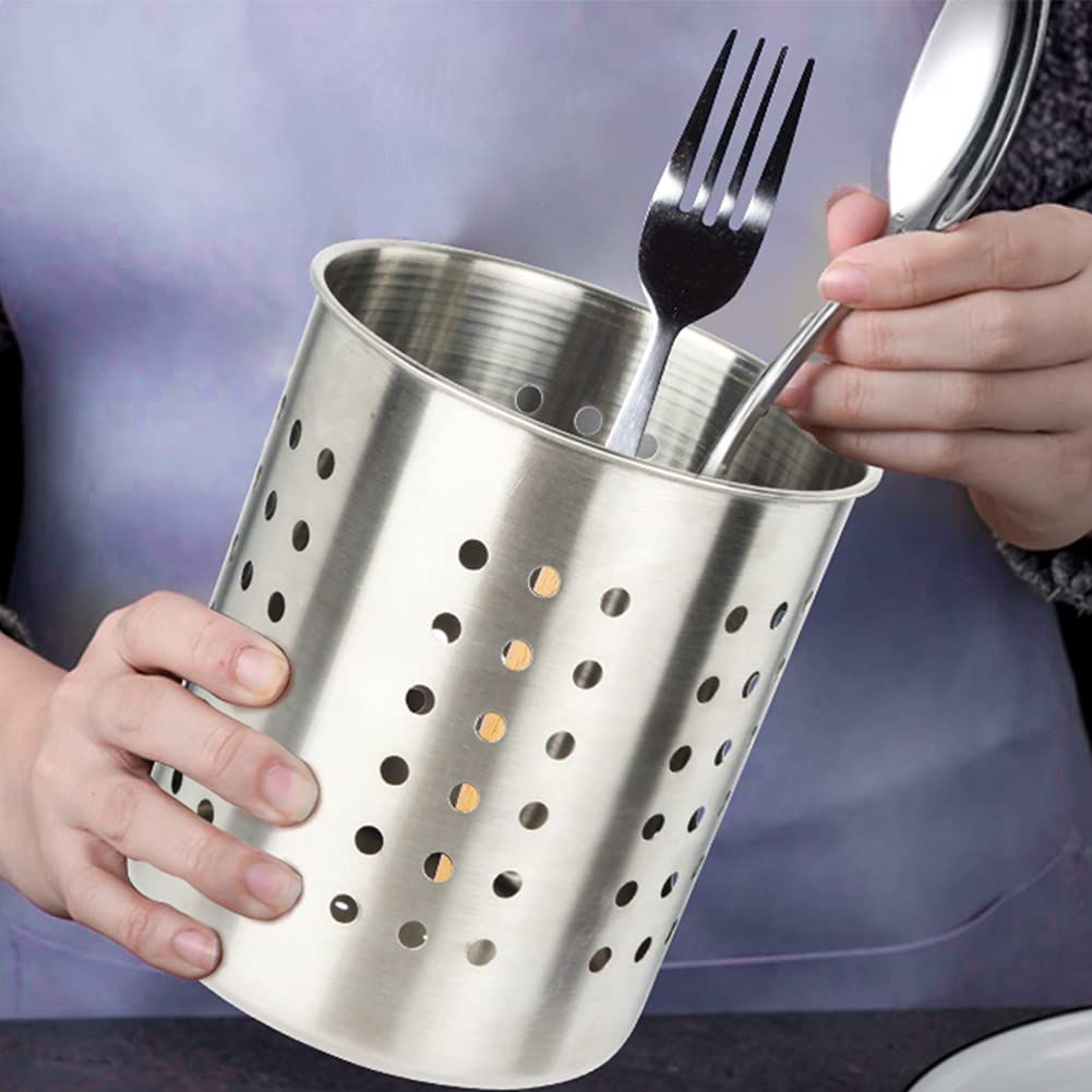 Saiveina Stainless Steel Utensil Holder Kitchen Holder Restaurant Cooking Utensil Holder for Forks Spatula, 5.3'' x 5.1" Round Utensil Organizer