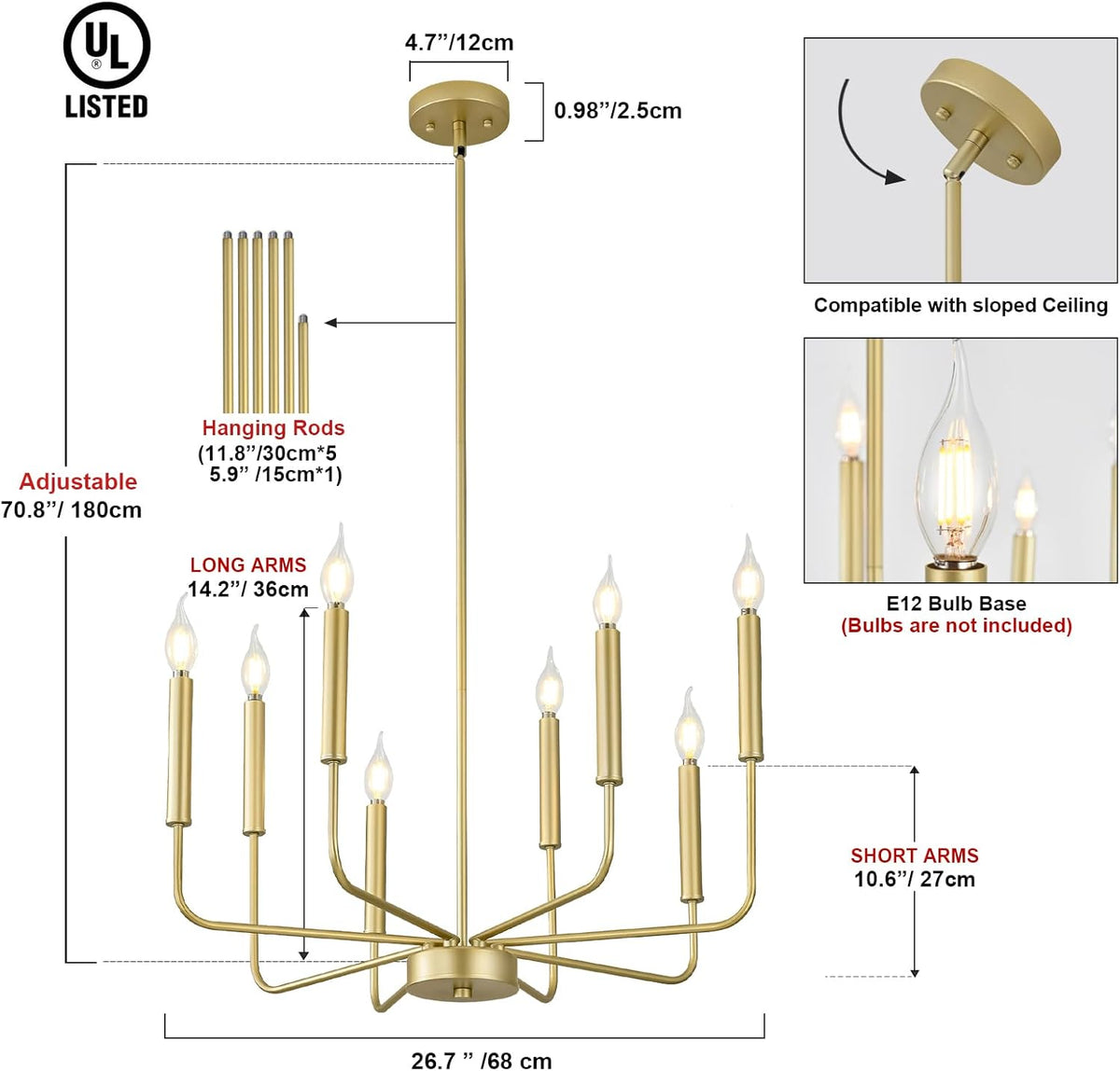 Modern Gold Farmhouse Chandeliers, 8-Light Industrial Metal Chandelier Lighting, Classic Candle Hanging Pendant Light Fixtures for Kitchen Bedroom, Dining Room, Living Room,Foyer