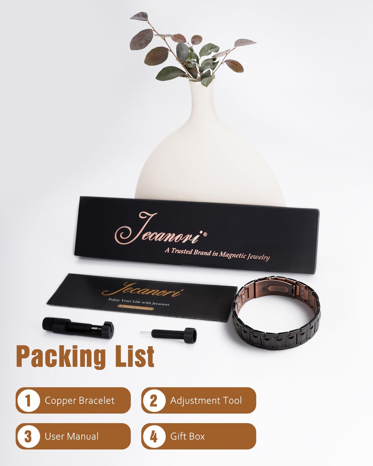 Jecanori Copper Magnetic Bracelets for Men, 3X Mens Copper Bracelets with 3800 Gauss Magnets, Premium Fold-Over Clasp, Black
