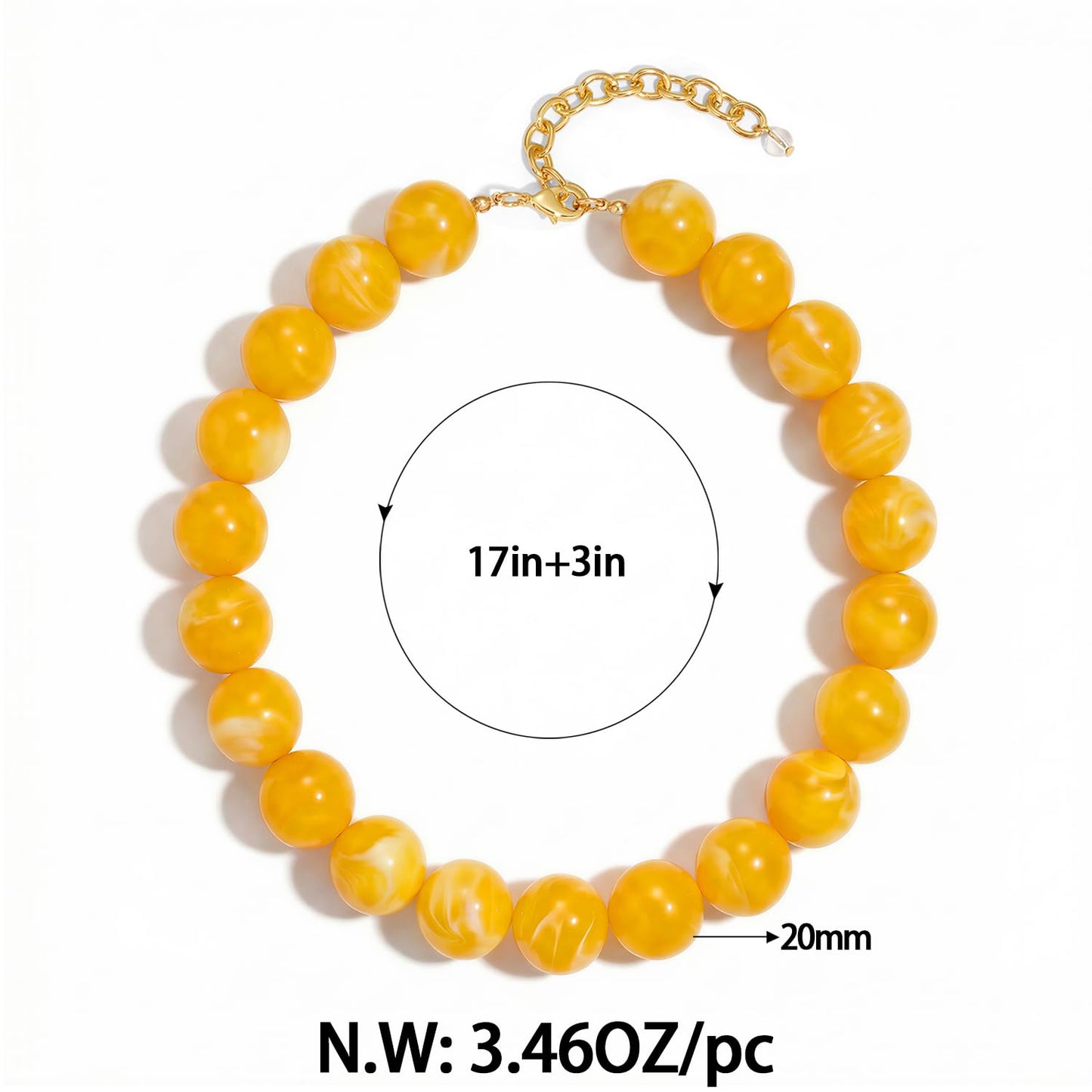 FAUTHENTICUTE Swirled Yellow Beaded Necklace for Women Chunky Resin Bead Strand Necklace Boho Yellow Polished Round Beads Statement Collar Summer Beach Jewelry Gifts