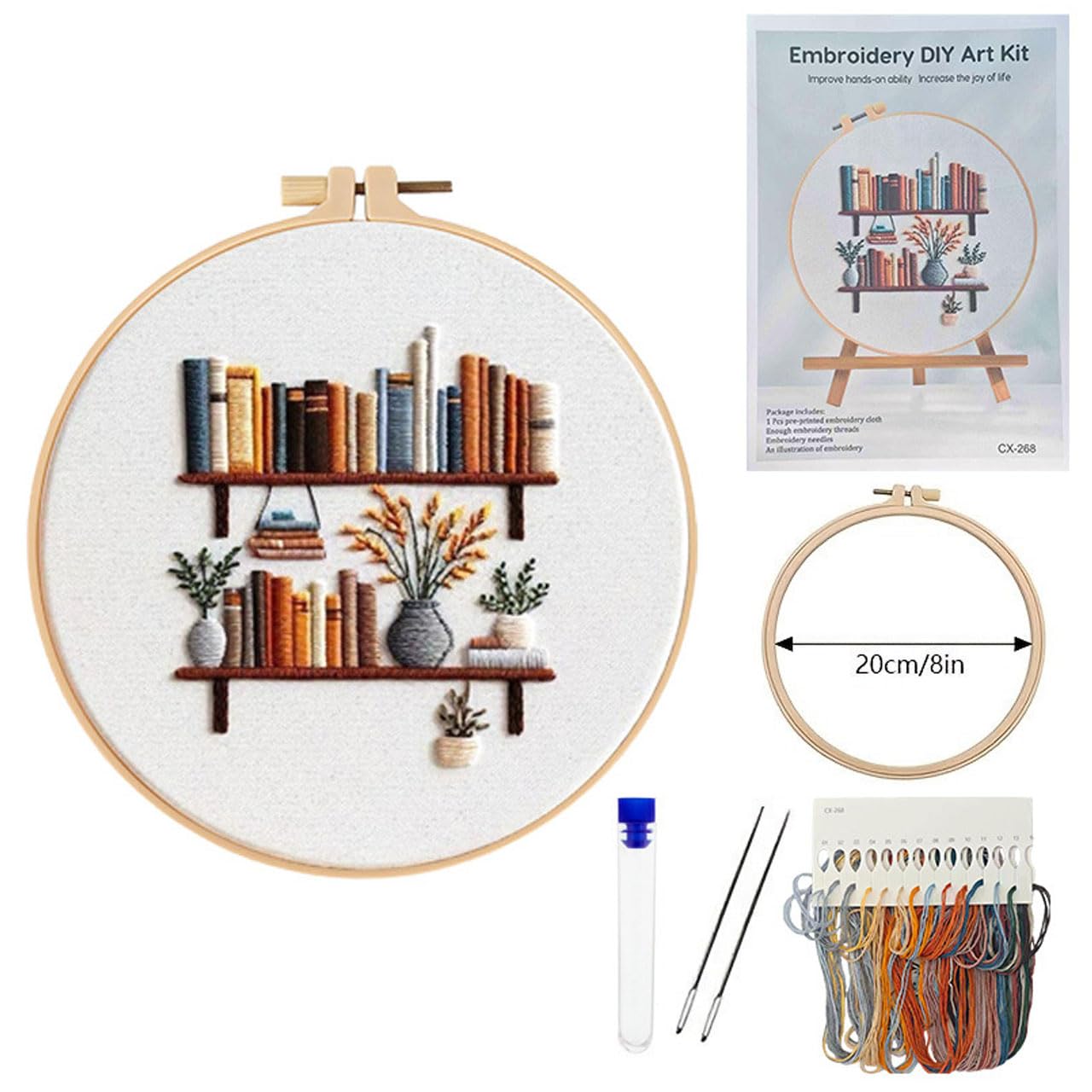 BLMRME 3 Pack Embroidery Kit for Beginners, Stamped Floral & Book Pattern Embroidery Kit, DIY Needlepoint Starter Kit with Instructions, Complete Set for Adults, Home Office Decor