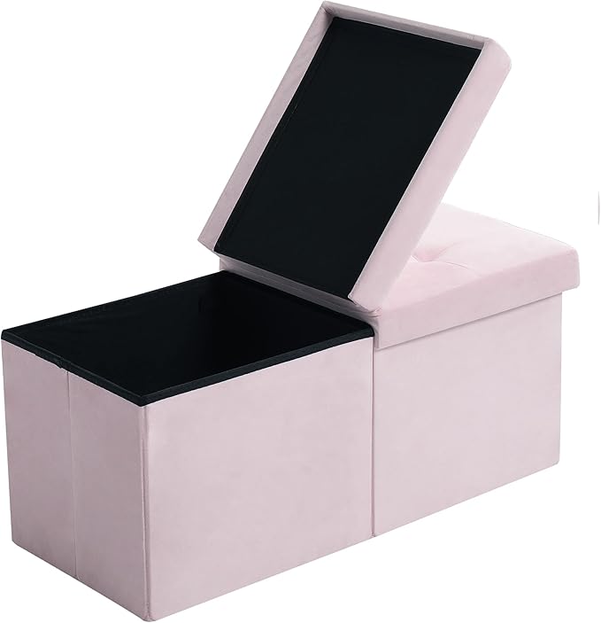 CUYOCA Storage Ottoman Bench Foldable Seat Footrest Shoe Bench End of Bed Storage with Flipping Lid, 75L Storage Space, 30 inches Velvet Pink