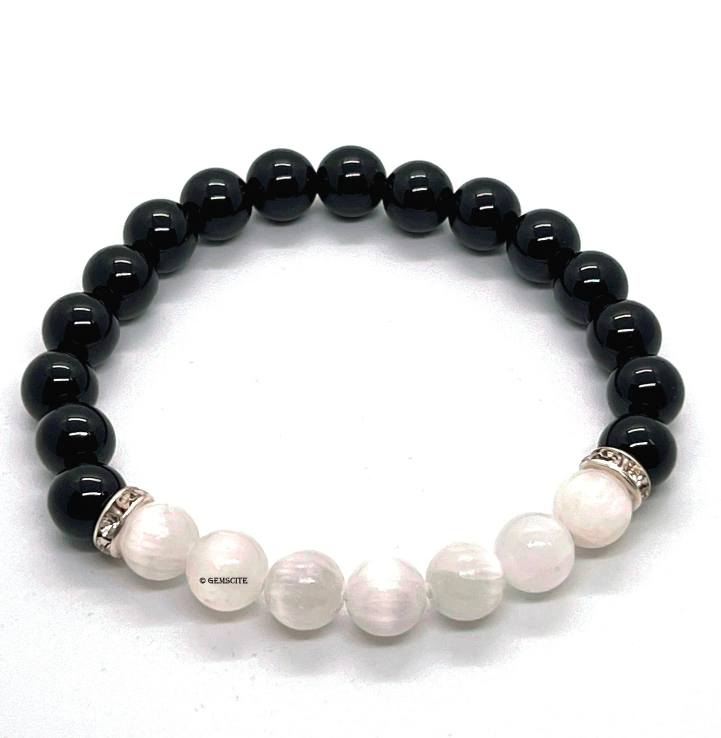 GEMSCITE Natural Black Obsidian and Selenite Crystal Bracelet for Chakra Healing & Energy Balancing