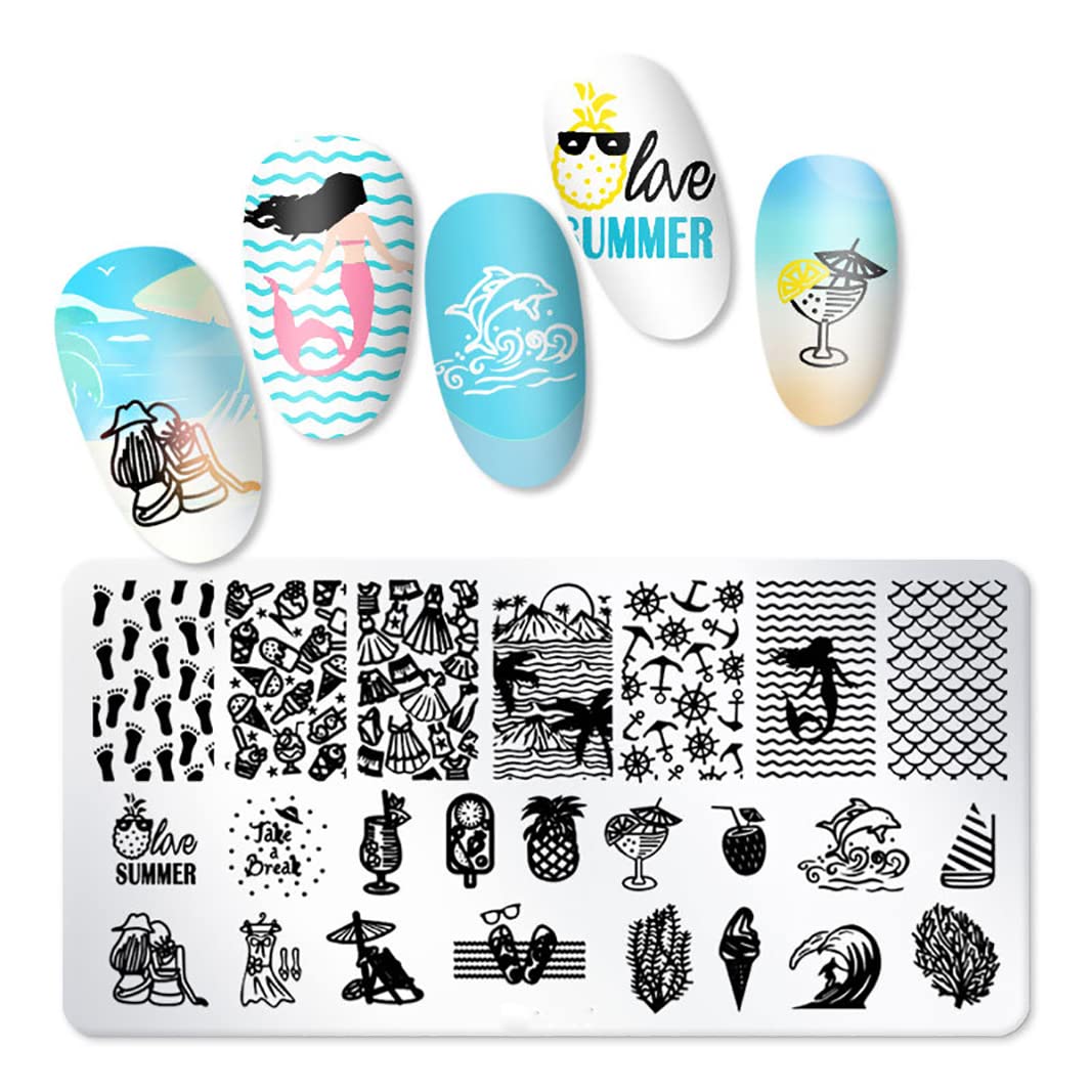 JERCLITY 6pcs Seaside Scenery Nail Stamping Plate Nail Stamping Kit for Nails Summer Beach Coconut Trees Sunset Waves Sea Animals Image Plates Nail Art Design Template Print Nail Stamper Kit for Women