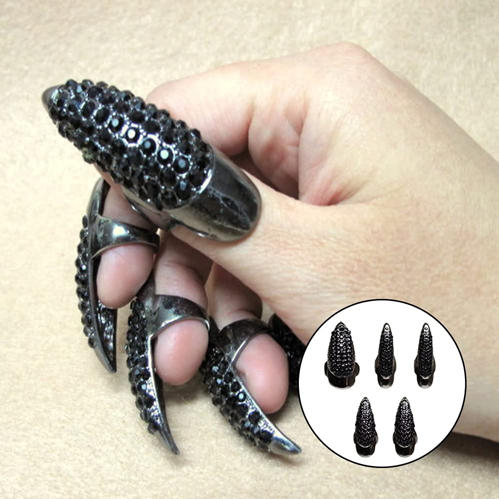 10PCS Halloween Costume Claws,Fake Nails Ring Set, Gothic Punk Crystal Full Finger Rings Paved Paw Bend Fingertip Fingernail Claw Girls Women Men Ring False Easy Long Nails Black(3 Sizes)