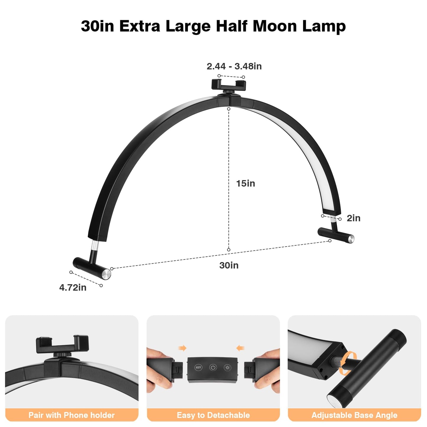Mznoo Nail Light for Desk, 30'' LED Half Moon Lamp for Nail Techs, Manicure and Handicraft, Adjustable Color Modes and Brightness, with Phone Holder (Black)