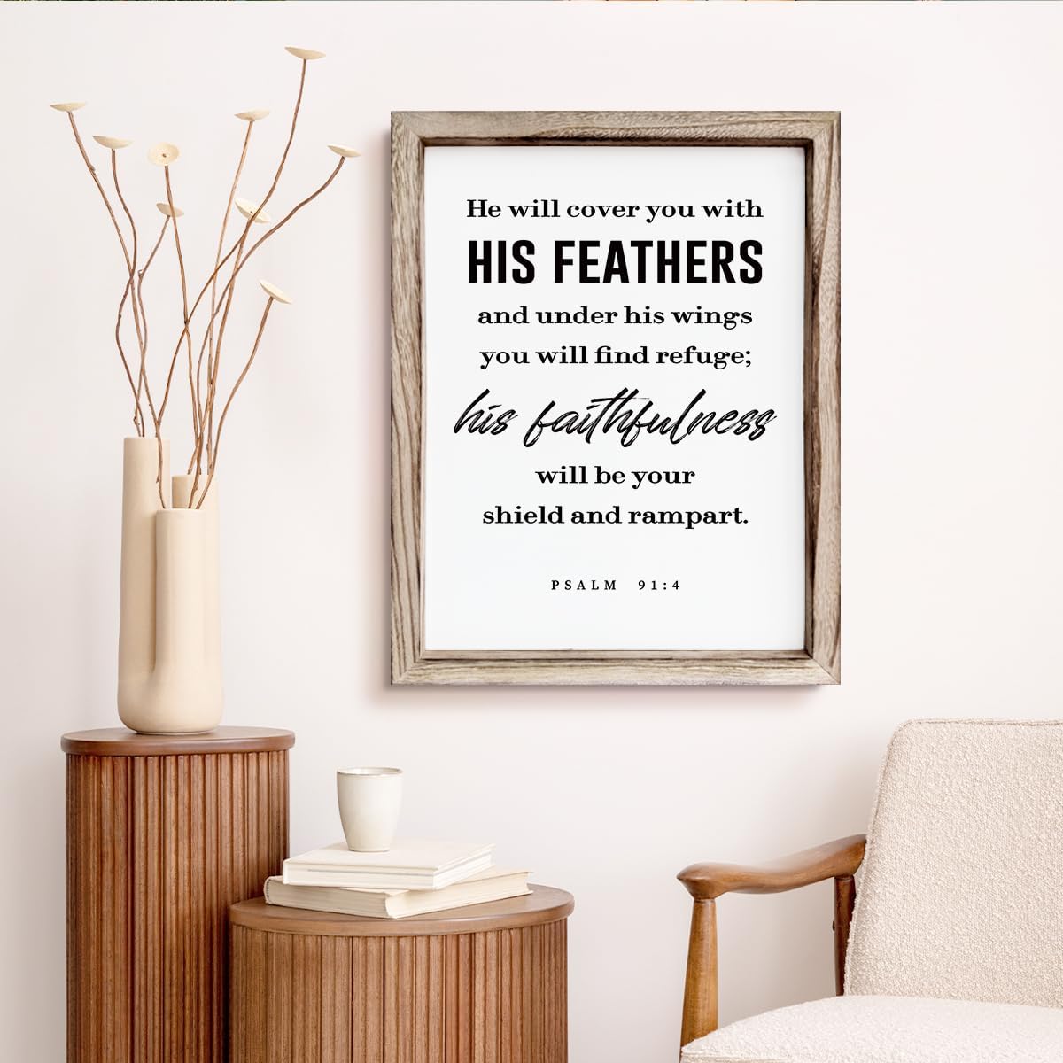 Christian Decor Signs, Framed Wall Plaque Sign 15 * 11.5 inches, Religious Home Decor, Inspirational Christian Gift for Him, He will Cover You with His Feathers Sign