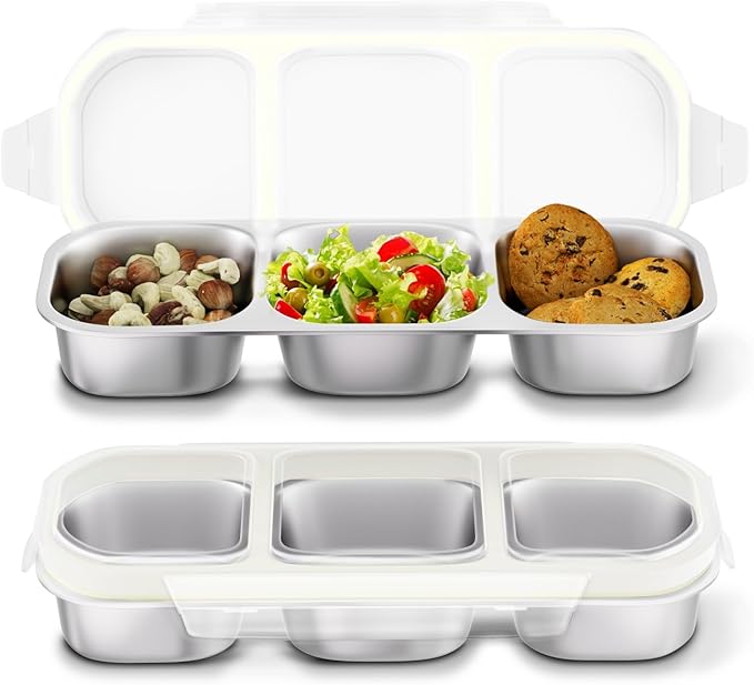 Stainless Steel Snack Containers for Kids Adults, 2 Pack 3 Compartment Metal Snack Containers Box with Lid, Reusable Food Storage Container, Leak Proof, Grab and Go