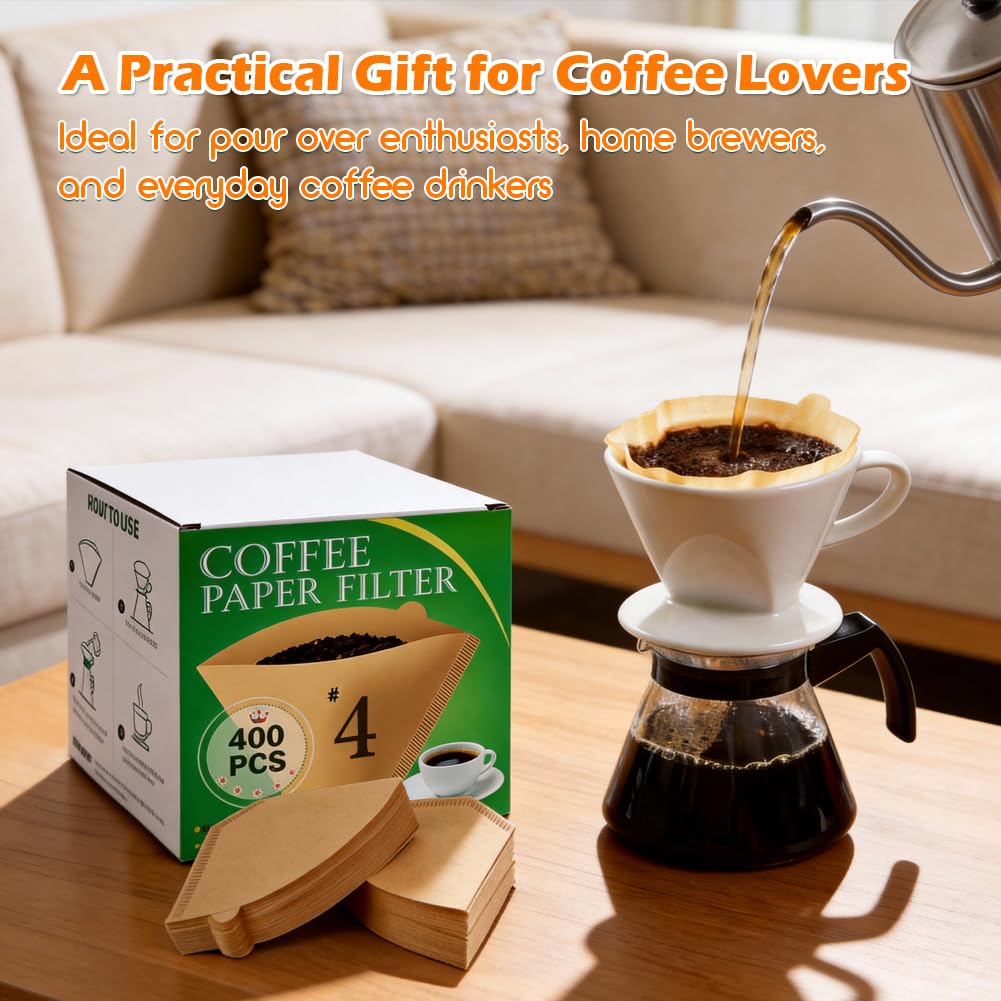 BYKITCHEN 400PCS #4 Cone Coffee Filters Fits 8-12 Cup & 14 Cup Coffee Makers, Size 4 Unbleached Disposable Coffee Filter Paper, Compatible with Ninja, Cuisinart 12-Cup/ 14-Cup & Drip Coffee Machine