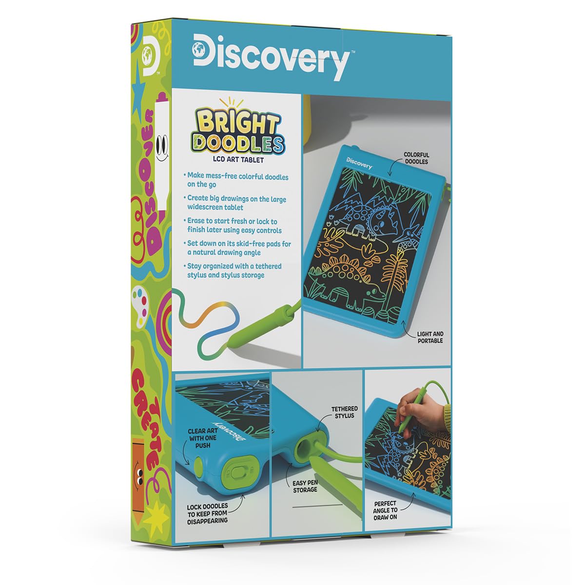 Discovery™ Bright Doodles LCD Art Tablet - Mess-Free Colorful Drawing Pad & Tethered Stylus| Widescreen Display| LCD Writing Tablet for Kids| Arts & Crafts Toy| Toddler Learning Toy| Doodle Board Gift